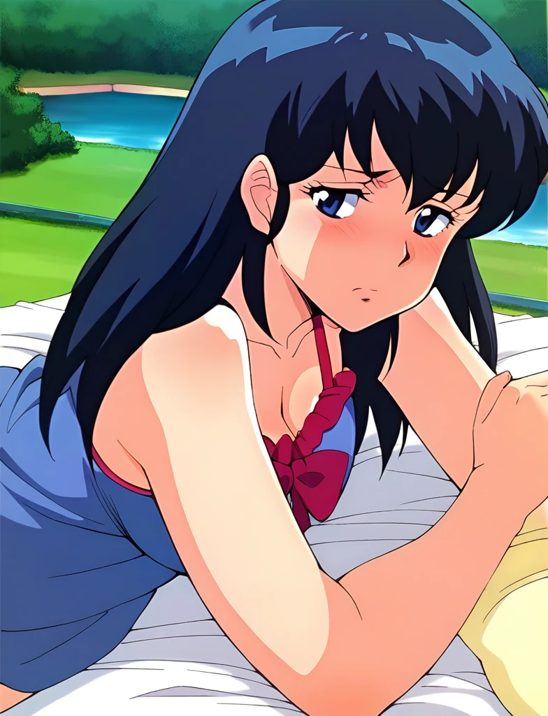 ((masterpiece, best quality)), (80s anime style), solo, outdoors, 
kazumiamano, 1girl, 
long hair, high ponytail, hair ribbon, blue hair, blue eyes, lipstick, 
full body, sitting on blue seat, beach, ((naked, big breasts, nipples, pussy)),