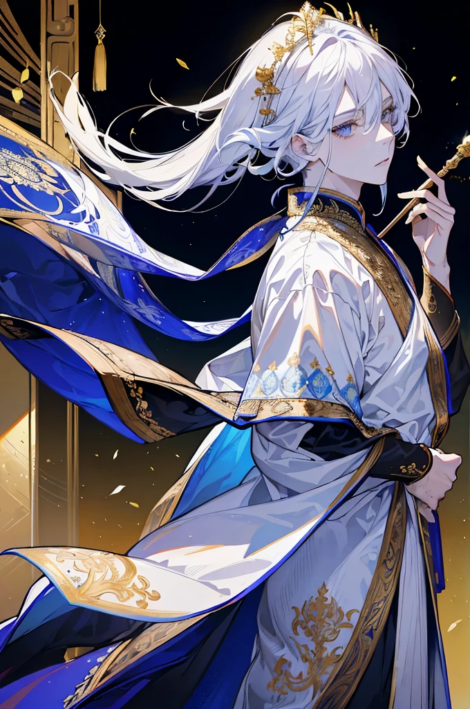 Man, Boy, Boy in late 20s, Man, BOY Create a highly detailed and majestic image of A Deity, God, White hair, White Eyes, White Pupil, the supreme ruler of the deities. He should be depicted as a powerful, radiant figure exuding an aura of divine authority. Indra has a tall, imposing stature with a commanding presence. His skin glows with an ethereal light, and his eyes are luminous, reflecting ancient wisdom and immense power. He wears a magnificent, golden crown adorned with intricate celestial patterns and glowing jewels. His long, flowing hair is dark and seems to shimmer with light. Indra's attire is elaborate, consisting of flowing robes made of shimmering, otherworldly fabric that looks like it's woven from pure light. The robes are decorated with celestial symbols and intricate designs that signify his supreme status. In his hand, Indra holds a glowing staff or scepter that radiates a brilliant light, symbolizing his control over cosmic forces. Surrounding him is a celestial backdrop featuring swirling galaxies, twinkling, 8K high quality, ultra defined, masterpiece, Golden Armor, Man, Strong, Celestial being, ultra high quality, masterpiece