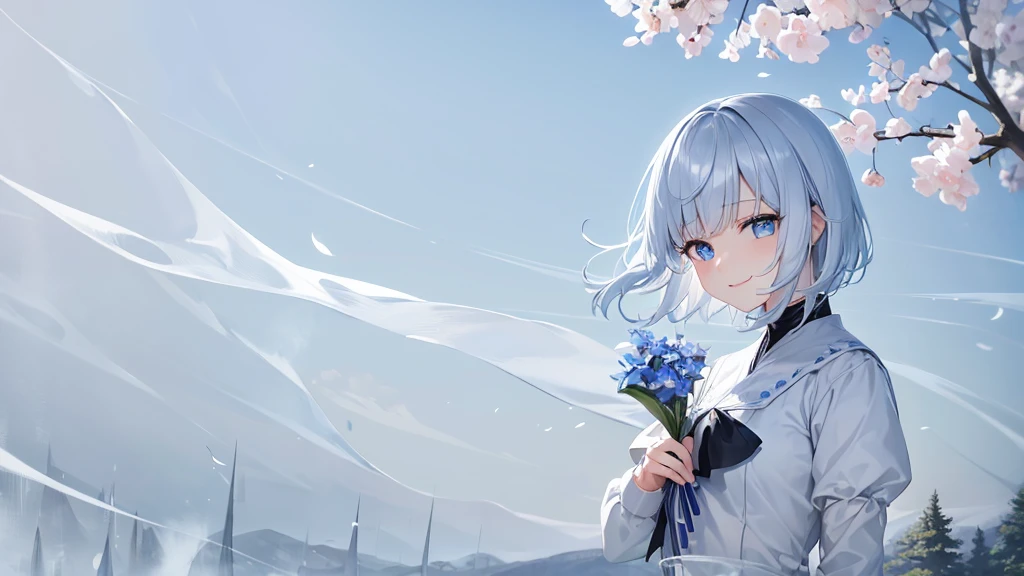 Ultra HD,Look at the viewers, Put your hands behind your back, With a girl, 20-year-old, 非常にShort Hair, Long bangs between the eyes, Pale blue eyes,  Very detailed,(masterpiece、Highest quality),Gray Hair、Laughter、Fantastic, Silver Hair, Iris,  Short hair、 Fluttering Hair、Small Face、明るいsmile、(Detailed face) ,Professional Lighting,Wonderful landscape,blue sky, sunlight,Looking down from above,Portraiture、Open your mouth、Flower Field、Her eyes were shining、Mysterious and enchanting atmosphere。With AI Painting、とてもShort Hair, Long bangs between the eyes, Very detailed,(masterpiece、Highest quality)、alone、Gray Hair、Fantasy, Silver Hair, Fantasyな風景、White shirt、smile、Open your mouth、short hair、Short Hair、hairpin、black eye、Grey Eyes、Beautiful Eyes、