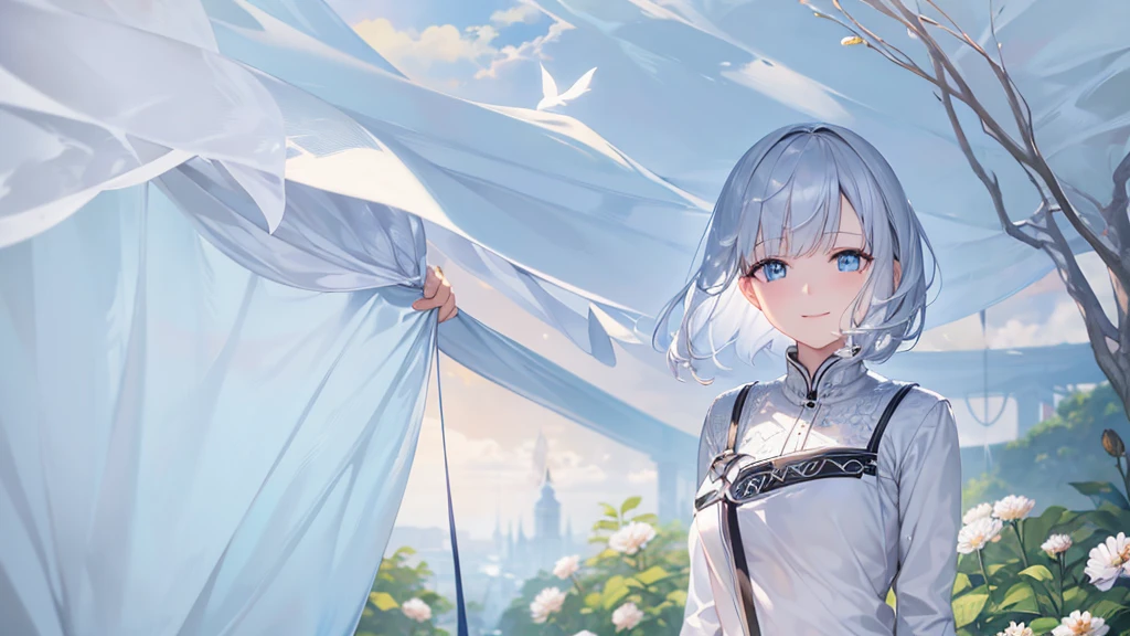 Ultra HD,Look at the viewers, Put your hands behind your back, With a girl, 20-year-old, 非常にShort Hair, Long bangs between the eyes, Pale blue eyes,  Very detailed,(masterpiece、Highest quality),Gray Hair、Laughter、Fantastic, Silver Hair, Iris,  Short hair、 Fluttering Hair、Small Face、明るいsmile、(Detailed face) ,Professional Lighting,Wonderful landscape,blue sky, sunlight,Looking down from above,Portraiture、Open your mouth、Flower Field、Her eyes were shining、Mysterious and enchanting atmosphere。With AI Painting、とてもShort Hair, Long bangs between the eyes, Very detailed,(masterpiece、Highest quality)、alone、Gray Hair、Fantasy, Silver Hair, Fantasyな風景、White shirt、smile、Open your mouth、short hair、Short Hair、hairpin、black eye、Grey Eyes、Beautiful Eyes、