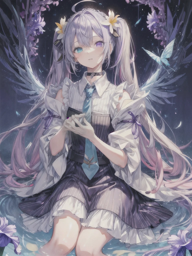 pretty, anime, pastel, neon, vtuber-fullbody vtuber-halfbody, kawaii Masterpiece, young woman, sitting down, parted lips, black eyes, fluffy curly hair, bangs, ahoge, light brown hair, rosy cheeks, short sleeve, black and purple dress, puffy sleeves, black gloves, purple ribbons, ((faded iris)), myceliumtech, scifi, Mycelia, spongy, PsychedelicMasterpiece, ((Faded iris)), flowers, smile, water effect, ahoge, looking up, upper view, yuki miku, very long blue hair, twintails, hair ornament, blue eyes, kawaii looking upupper viewhair ornament(masterpiece:1.2), (hires:1.2), (better hands:1.2), beautiful hands, perfect anatomy, holding star, 1boy, antenna hair, choker, white jacket, shoulder-belt, collared shirt, ear piercing, chain earrings, gradient, stars hair ornament, male focus, multicolored hair, purple hair, yellow strands, yellow necktie, (eye1 purple, eye2 yellow, heterochromia), starlight, starMasterpiece, young girl, white hair, fluffy hair, ahoge, medium length hair, bird feathers, sky, jungle, feather ears, white bird wings, vibrant colors, flowers, flower crown, leaves, white silk dress, detailed sleeves, strewn plants, hair over eyes, butterfly style, more_details:-1, more_details:0, more_details:0.5, more_details:1, more_details:1.5, (((ultra detailed))), softcore, kawaii,