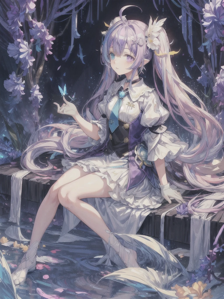 pretty, anime, pastel, neon, vtuber-fullbody vtuber-halfbody, kawaii Masterpiece, young woman, sitting down, parted lips, black eyes, fluffy curly hair, bangs, ahoge, light brown hair, rosy cheeks, short sleeve, black and purple dress, puffy sleeves, black gloves, purple ribbons, ((faded iris)), myceliumtech, scifi, Mycelia, spongy, PsychedelicMasterpiece, ((Faded iris)), flowers, smile, water effect, ahoge, looking up, upper view, yuki miku, very long blue hair, twintails, hair ornament, blue eyes, kawaii looking upupper viewhair ornament(masterpiece:1.2), (hires:1.2), (better hands:1.2), beautiful hands, perfect anatomy, holding star, 1boy, antenna hair, choker, white jacket, shoulder-belt, collared shirt, ear piercing, chain earrings, gradient, stars hair ornament, male focus, multicolored hair, purple hair, yellow strands, yellow necktie, (eye1 purple, eye2 yellow, heterochromia), starlight, starMasterpiece, young girl, white hair, fluffy hair, ahoge, medium length hair, bird feathers, sky, jungle, feather ears, white bird wings, vibrant colors, flowers, flower crown, leaves, white silk dress, detailed sleeves, strewn plants, hair over eyes, butterfly style, more_details:-1, more_details:0, more_details:0.5, more_details:1, more_details:1.5, (((ultra detailed))), softcore, kawaii, 