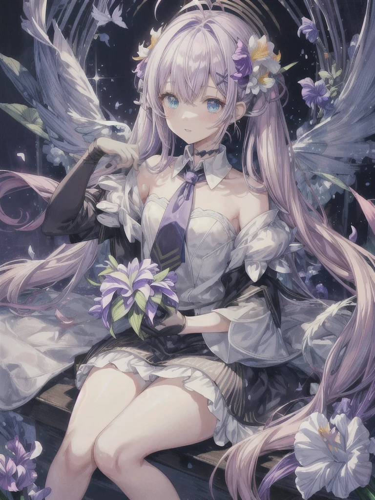 pretty, anime, pastel, neon, vtuber-fullbody vtuber-halfbody, kawaii Masterpiece, young woman, sitting down, parted lips, black eyes, fluffy curly hair, bangs, ahoge, light brown hair, rosy cheeks, short sleeve, black and purple dress, puffy sleeves, black gloves, purple ribbons, ((faded iris)), myceliumtech, scifi, Mycelia, spongy, PsychedelicMasterpiece, ((Faded iris)), flowers, smile, water effect, ahoge, looking up, upper view, yuki miku, very long blue hair, twintails, hair ornament, blue eyes, kawaii looking upupper viewhair ornament(masterpiece:1.2), (hires:1.2), (better hands:1.2), beautiful hands, perfect anatomy, holding star, 1boy, antenna hair, choker, white jacket, shoulder-belt, collared shirt, ear piercing, chain earrings, gradient, stars hair ornament, male focus, multicolored hair, purple hair, yellow strands, yellow necktie, (eye1 purple, eye2 yellow, heterochromia), starlight, starMasterpiece, young girl, white hair, fluffy hair, ahoge, medium length hair, bird feathers, sky, jungle, feather ears, white bird wings, vibrant colors, flowers, flower crown, leaves, white silk dress, detailed sleeves, strewn plants, hair over eyes, butterfly style, more_details:-1, more_details:0, more_details:0.5, more_details:1, more_details:1.5, (((ultra detailed))), softcore, kawaii,