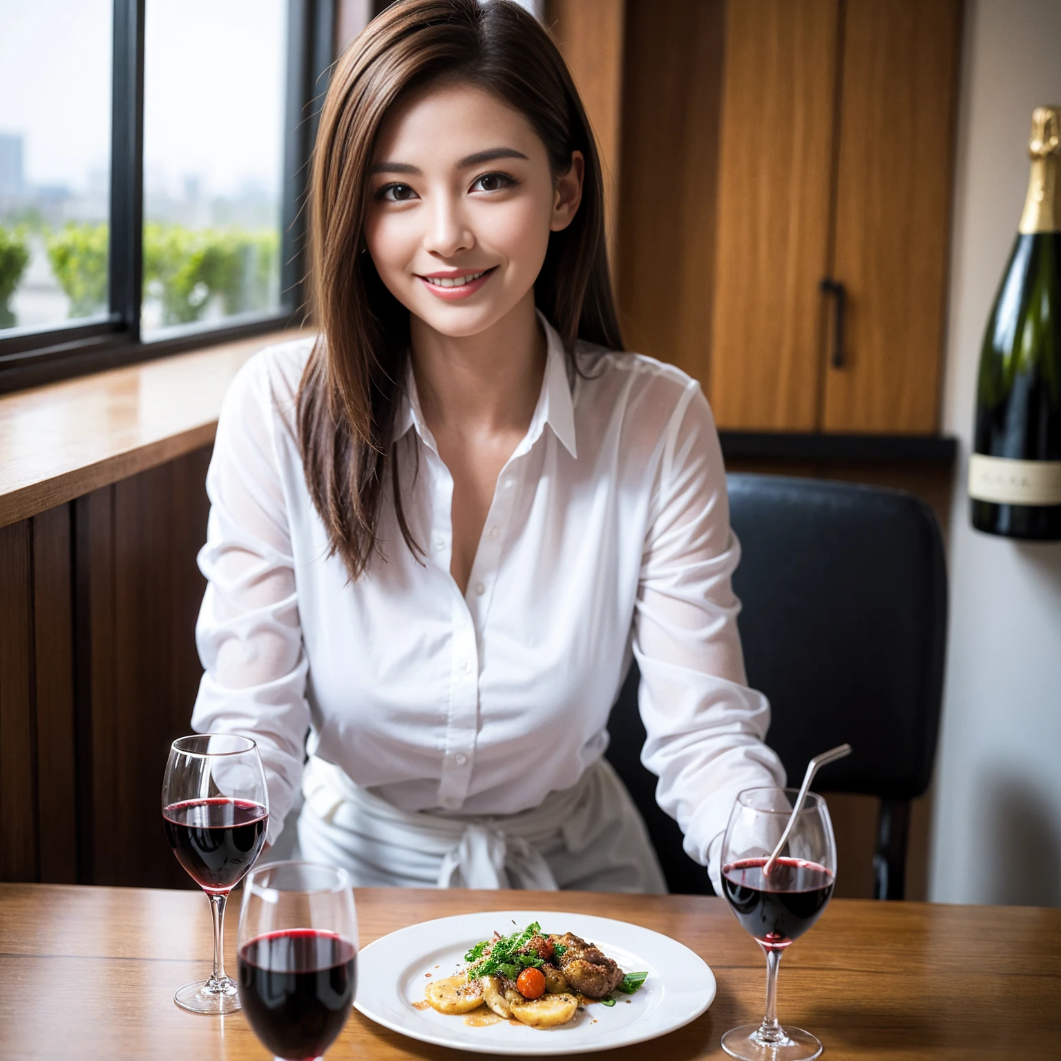 ((Highest quality、8K、masterpiece:1.limカップル、modelカップル、(Realistic, Intricate details:1.2), full-course dinner、Wine Party、Amazing view of the sunset sky and clouds、A bright smile、The wonderfulness of smile、Bright image、The beauty of wine, Beautiful Face, blue eyes, The light shines on your face, Blushing, short hair,Bright Face、 (Age 39 years old, red wine 、Appetizers、Italian food、Wine bottle、Champagne、sparkling wine、Two beauties、Brown Hair、Shortcuts、Long sleeve shirt、dress、Beautiful woman 1, (slimな顔), (The body is slim), (Brown Hair), (Shortcuts), cheeks turn a little red,Attractive beauty、restaurant, In a prominent place (From the waist up) Nova Frog Style, actress, model, Upper Body, White wine, slim, wine glass, 中央に置かれたwine glass, smile, (smile: 1.15), Beautiful fine grain, Depth f/2,saturation, High Contrast, Strong light and shadow,Moist Body:1.5、3D texture、Delicate eyes、Brown Hair、The hair is very shiny、