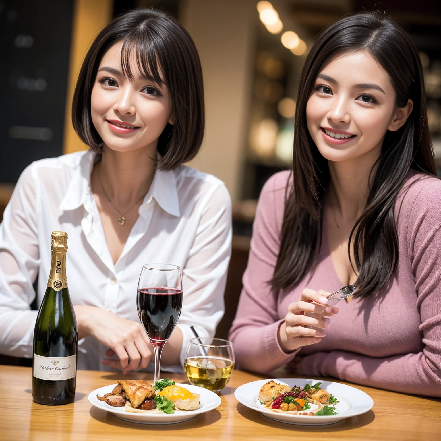 ((Highest quality、8K、masterpiece:1.3))、slimカップル、modelカップル、(Realistic, Intricate details:1.2), full-course dinner、Wine Party、Amazing view of the sunset sky and clouds、A bright smile、The wonderfulness of smile、Bright image、The beauty of wine, Beautiful Face, blue eyes, The light shines on your face, Blushing, short hair,Bright Face、 (Age 37), 39 years old, red wine 、Appetizers、Italian food、Wine bottle、Champagne、sparkling wine、Two beauties、Brown Hair、Shortcuts、Long sleeve shirt、dress、Beautiful woman 1, (slimな顔), (The body is slim), (Brown Hair), (Shortcuts), cheeks turn a little red,Attractive beauty、restaurant, In a prominent place (From the waist up) Nova Frog Style, actress, model, Upper Body, White wine, slim, wine glass, 中央に置かれたwine glass, smile, (smile: 1.15), Beautiful fine grain, Depth f/2,saturation, High Contrast, Strong light and shadow,Moist Body:1.5、3D texture、Delicate eyes、Brown Hair、The hair is very shiny、