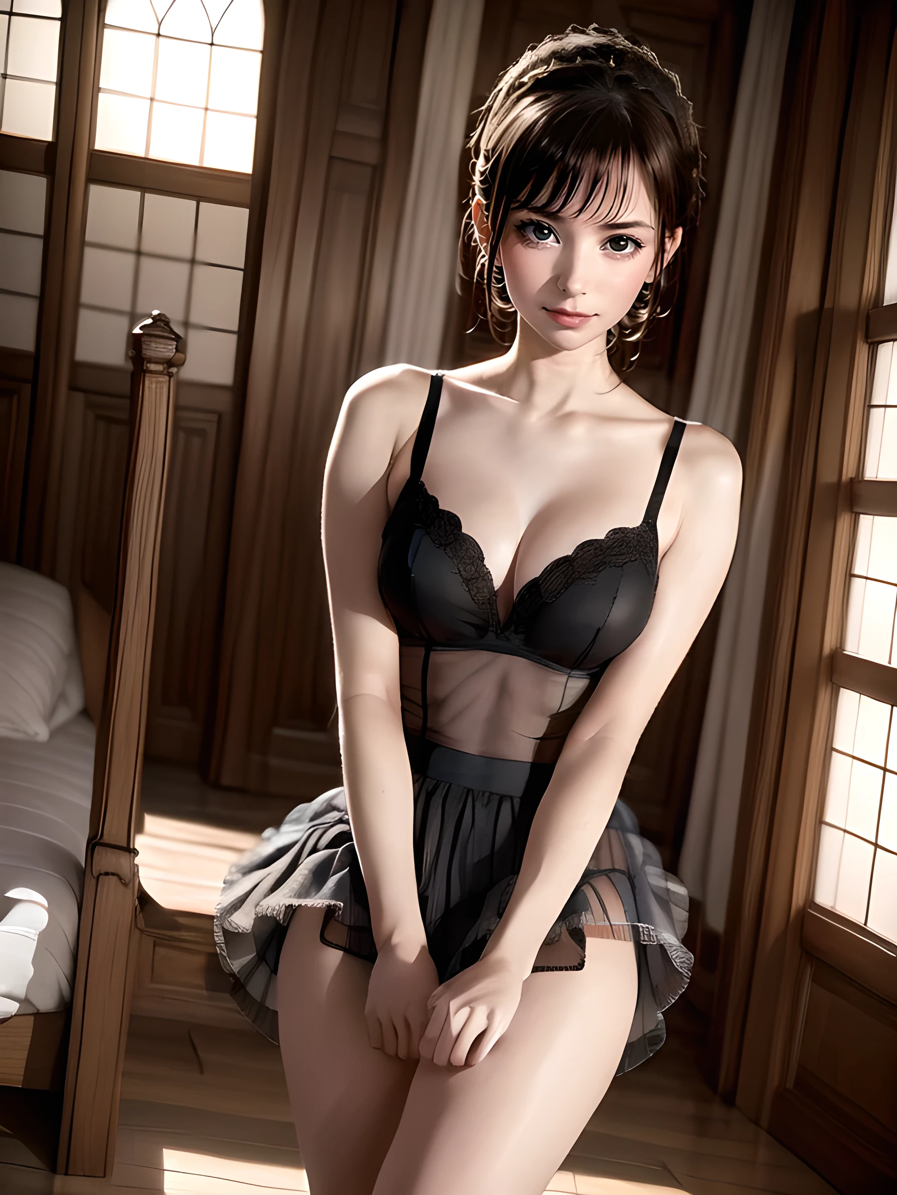 Stunning studio lighting, Lace dress, Highest quality, (Highest quality), bangs, Emits a powerful and mysterious aura. Straight hair, Beautiful Hair, look up, ((8K)), In the Dark, (Realistic, Realistic photo: 1.37), Expose the shoulders, Water Ripples, a girl's Legs resting on the bed barefooted while wearing a , 1girl, solo, barefoot, skirt, , feet, serafuku, lying, shirt, Legs, black shirt, pleated skirt