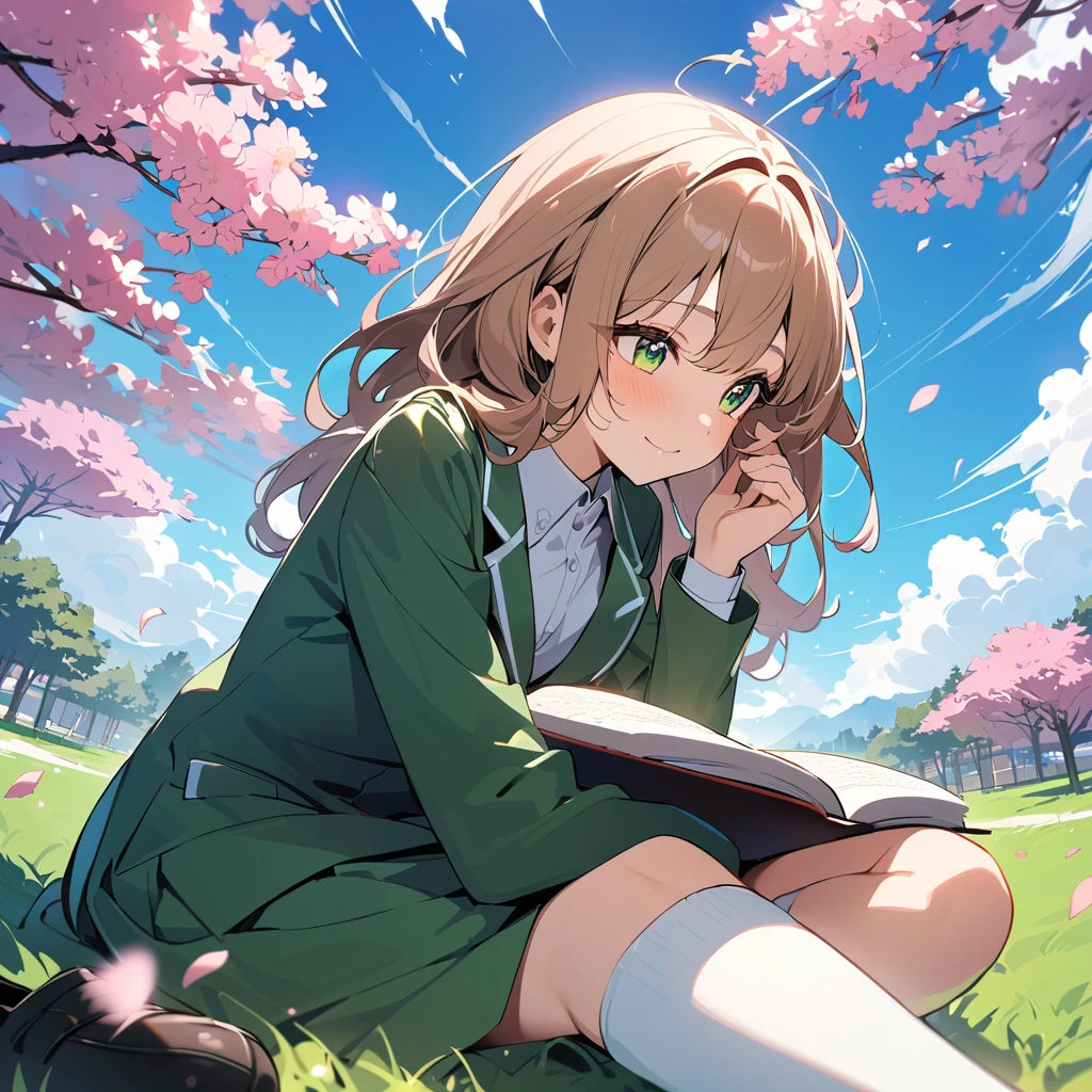 (masterpiece:1.5), best quality, very aesthetic, absurdres, 1girl, high school girl, female, 17 years old, long chestnut hair, hair blowing in the wind, dreamy expression, gentle smile, green uniform, blazer, skirt, white blouse, knee-high socks, black loafers, sitting under a large cherry blossom tree, open book on lap, looking up at the sky, full-bloom cherry trees, vibrant green grass, peaceful afternoon sunlight, light gently hitting the girl's face, soft shadows around, blue sky, white clouds, sharp focus on subject, vivid colors, anime style, warm and relaxed atmosphere

