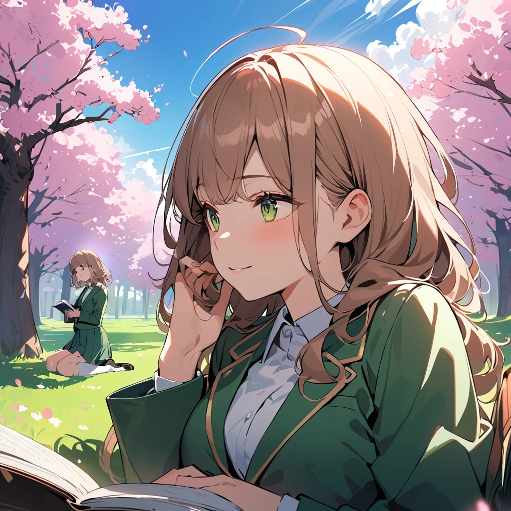 (masterpiece:1.5), best quality, very aesthetic, absurdres, 1girl, high school girl, female, 17 years old, long chestnut hair, hair blowing in the wind, dreamy expression, gentle smile, green uniform, blazer, skirt, white blouse, knee-high socks, black loafers, sitting under a large cherry blossom tree, open book on lap, looking up at the sky, full-bloom cherry trees, vibrant green grass, peaceful afternoon sunlight, light gently hitting the girl's face, soft shadows around, blue sky, white clouds, sharp focus on subject, vivid colors, anime style, warm and relaxed atmosphere
