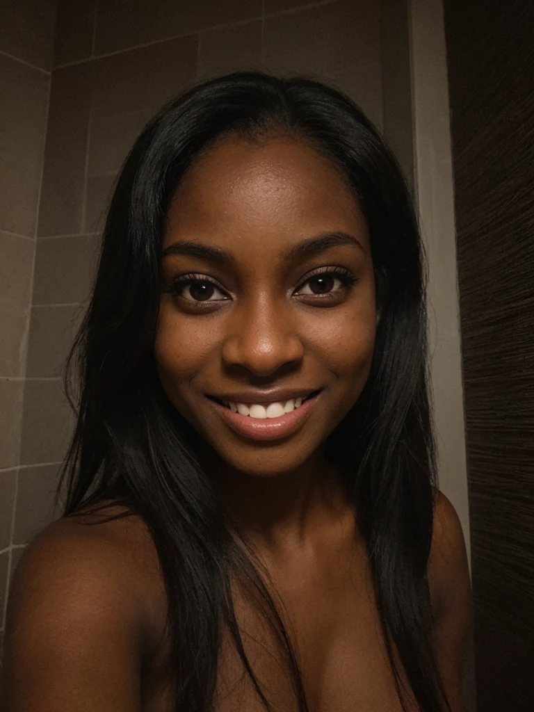 Asha, 1girl, solo, (((Ebony))), (((Dark skin))), (((SFW))), (((non-explicit))), 30 years old, (mature), nude and naked, upper body only, smiling, selfie shot, medium long hair, inside a dark bathroom at night, leaning, (((close up shot)))