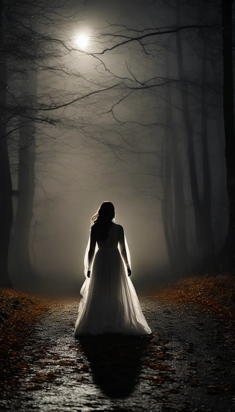 The faint silhouette of a woman in a flowing white dress appearing on the side of a foggy forest road at night. The figure is barely visible through the dense mist, creating a ghostly, mysterious aura. Tall, twisted trees loom in the background, adding to the eerie atmosphere. Cinematic lighting, high contrast, spooky.