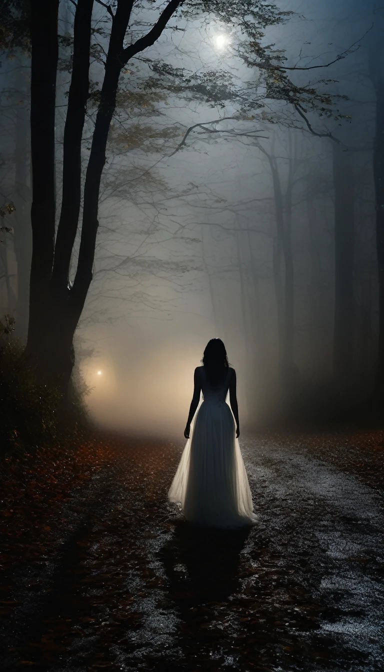 The faint silhouette of a woman in a flowing white dress appearing on the side of a foggy forest road at night. The figure is barely visible through the dense mist, creating a ghostly, mysterious aura. Tall, twisted trees loom in the background, adding to the eerie atmosphere. Cinematic lighting, high contrast, spooky.