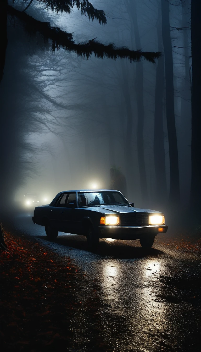 A car stopped on a foggy, deserted forest road at night. The driver, a man, looks worried as he peers out the window towards the woman in white. The surroundings are dark and shadowy, with dense fog and tall, twisted trees. Cinematic lighting, high contrast, spooky.