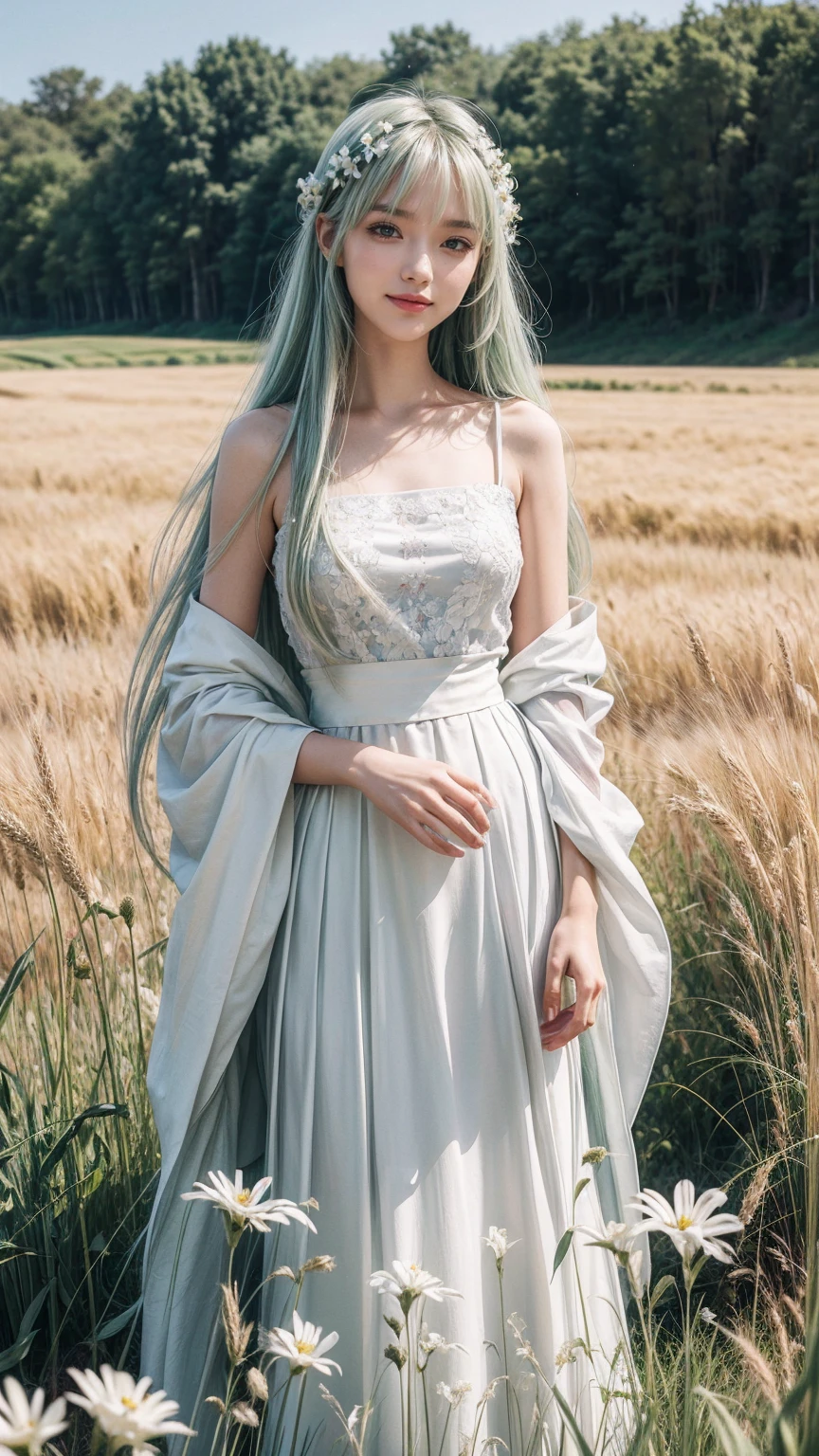 masterpiece, best quality, Ultra-high resolution, detailed illustration, portrait, detailed, 1 girl standing in a wheat field, Solitary, Long hair, skirt, flower, White Hanfu, Smile, whole body, white flower, Bare shoulders, very Long hair, Light green hair, Shut up, For the audience, Bangs,