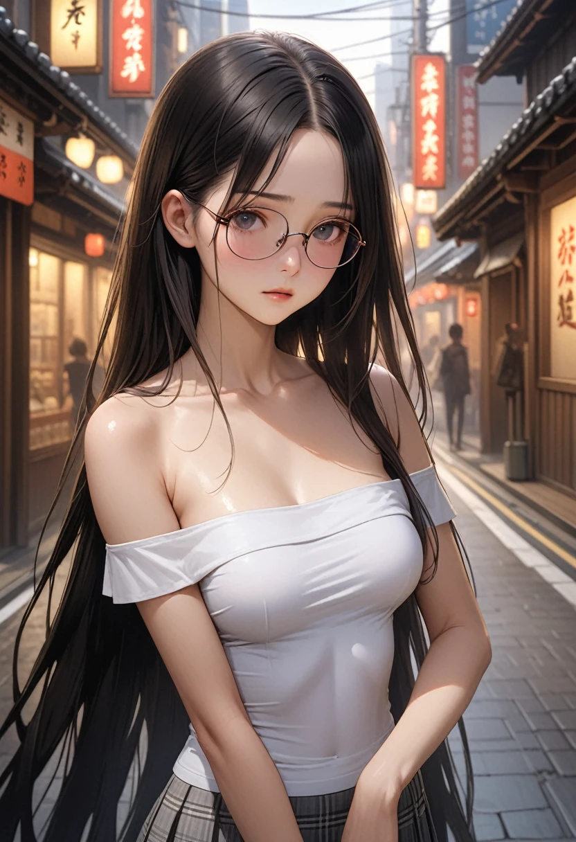 ((masterpiece,Highest quality:1.3,best illustration,realistic)),1woman、独奏,20 year old Japanese beauty,((very small head:1.3)),center parted bangs,forehead,black hair,long hair,black eyes,gorgeous eyes,Black-rimmed glasses、shy,medium breasts,((very long body:1.2)),((toned body,slender body,skinny)),gleaming skin,shiny skin,oily skin,(off-shoulder white tops wear、Grey plaid pleated mini skirt),on street,Tokyo、