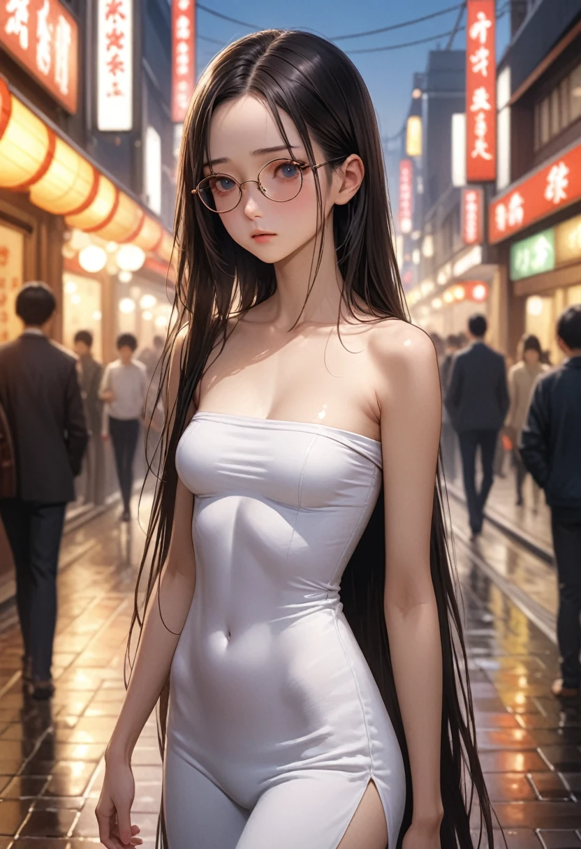 ((masterpiece,Highest quality:1.3,best illustration,realistic)),1woman、独奏,20 year old Japanese beauty,((very small head:1.3)),center parted bangs,forehead,black hair,long hair,black eyes,gorgeous eyes,Black-rimmed glasses、shy,medium breasts,((very long body:1.2)),((toned body,slender body,skinny)),gleaming skin,shiny skin,oily skin,(off-shoulder white tops wear、Grey plaid pleated mini skirt),on street,Tokyo、