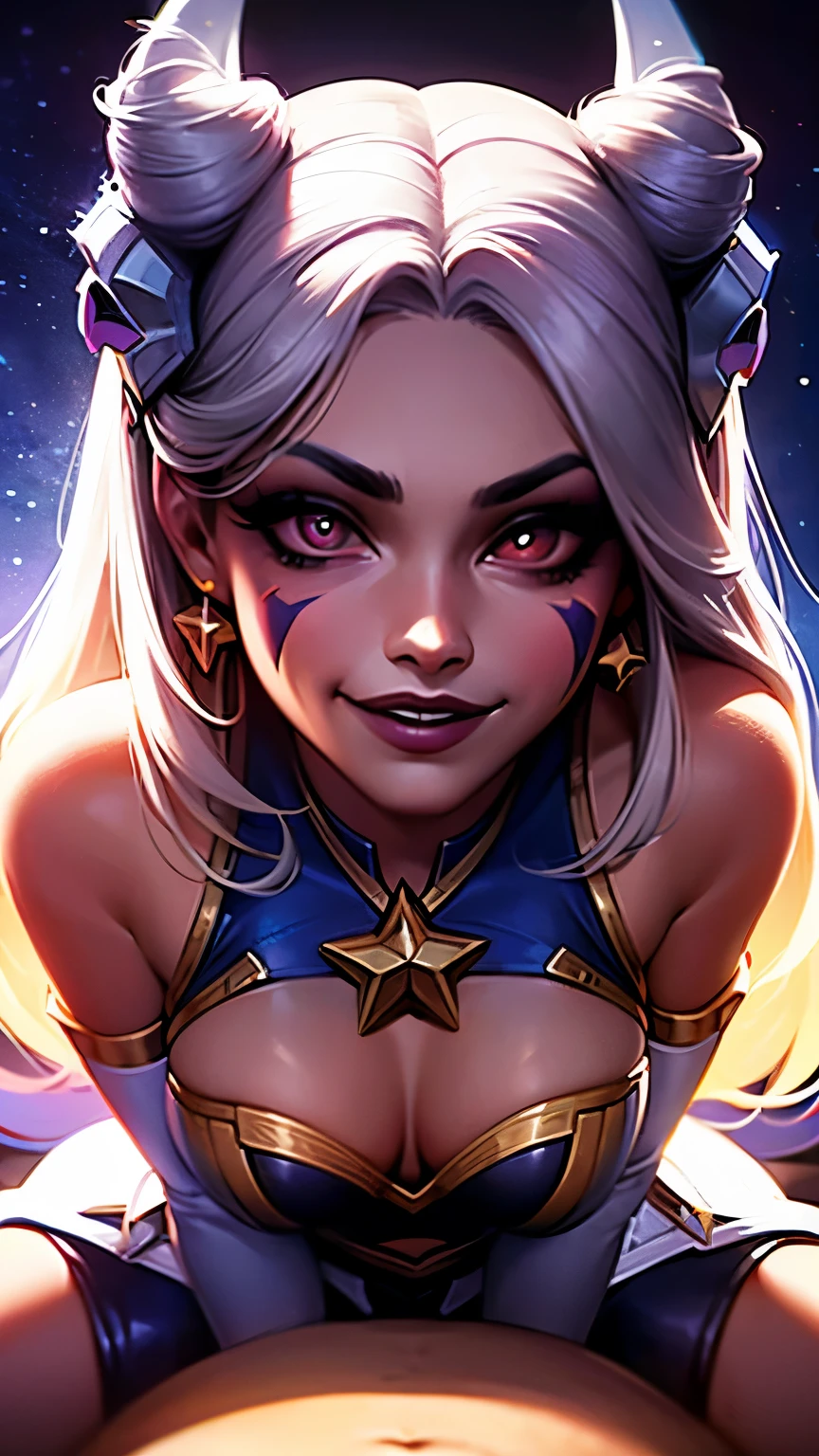 (solo, 1girl), (absurdres, ,highres, official wallpaper, poster), (masterpiece, best quality:1.2), (illustration), (perfect details, highest detailed, extreme detailed), dramatic light, starnemesismorgana, elbow gloves, hair ornament, star guardian \(league of legends\), facial mark,  neck ribbon, star \(symbol\), white hair), ((print crop top), (print skirt)), (evil smile), (looking at viewer), 1boy, pov, girl Crawling on top pov, pov on the bed