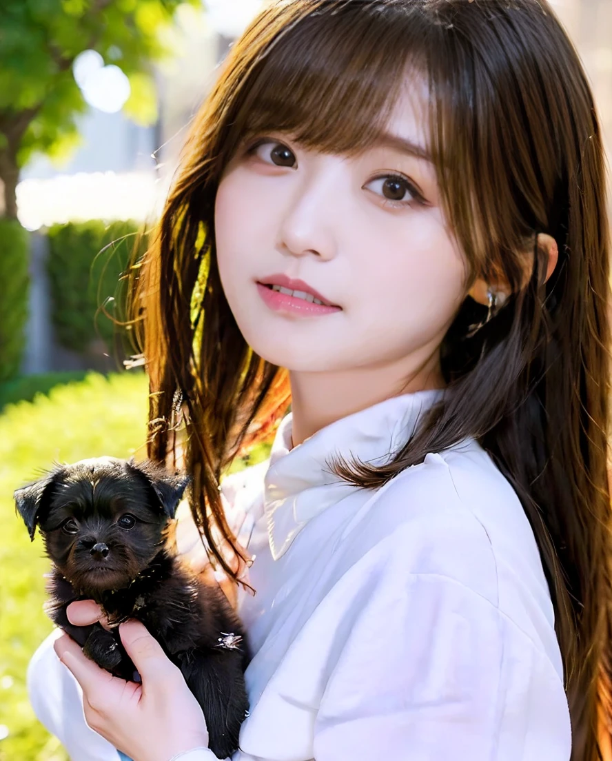 A woman playing with many small black puppies、Stylish white shirt and jeans、Super delicate dog expression、Lens flare、Hair blowing in the wind、Medium Hair、、Expressing the whiteness of one's breath、Photo from the waist up、Night city illumination shot、Cowgirl Shot、Fur coat、豪華なグレーのミンクのFur coat、Wear fine leather boots、Luxury Bags、Inner turtleneck、Silver necklace and small silver earrings Millionaire style:1.4))、Full body photo、smile、 Caustics、Highly detailed photos、Very beautiful woman 、Ample breasts、No makeup、(8K、RAW Photos、Highest quality、masterpiece:1.2)、(Realistic、Realistic)、1 Girl、((Medium Short Hair、Midwinter、Cold region Snow falling、The wind is blowing、Fluttering Hair、Blur the background、Colorful illuminations、Looking into the camera:1.4))、