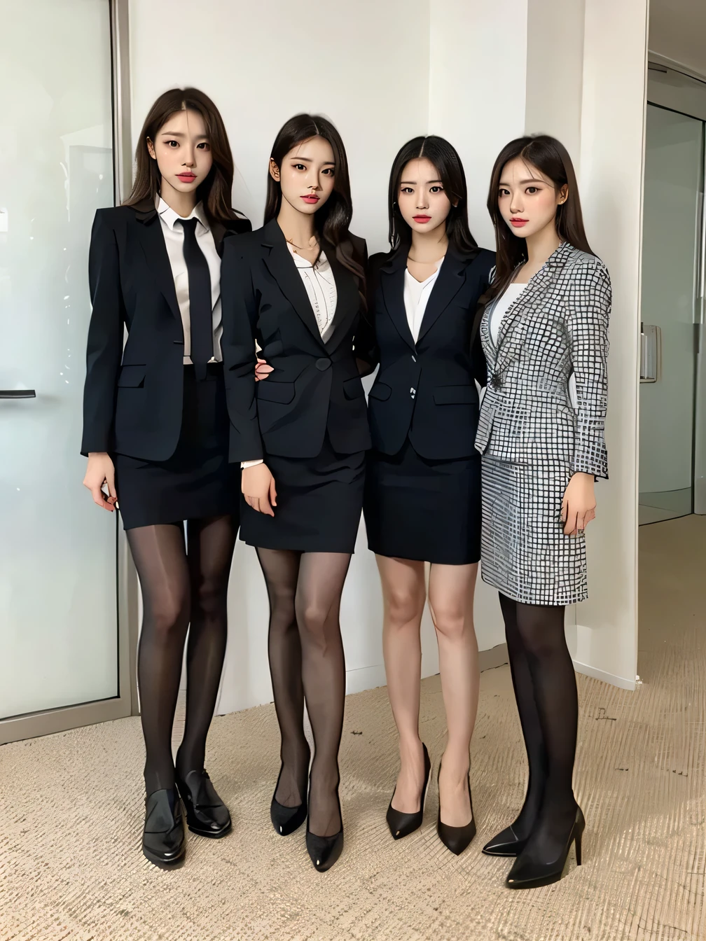 Highest quality、Group photo,Are standing,Two Women、business suit、tights、pumps、Full body photo、The background is the office

