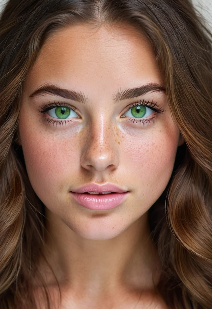 25 year old girl with wawer made waves ((long hair)), freckles, green eyes and brown hair Beautiful realistic , a 25 year old beautiful girl, brunette hair, (((bright green eyes))), youthful, big lips, small nose, thick eyebrows, round youthful cheeks, long hair, tanned skin, ((((pink color top with big breasts)))