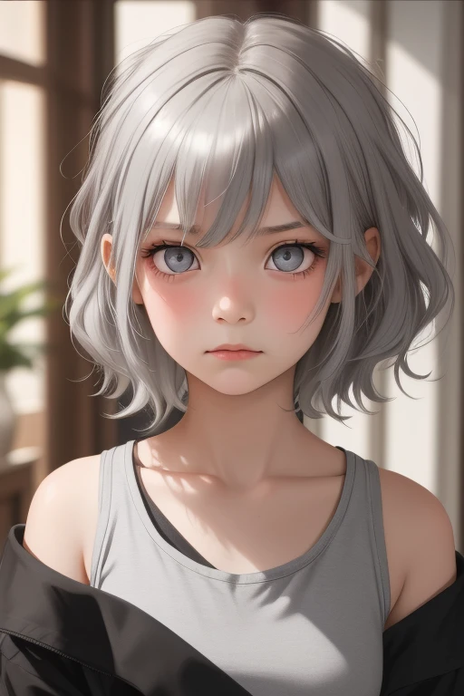  girl, long light grey hair, detailed grey eyes, apathetic expression