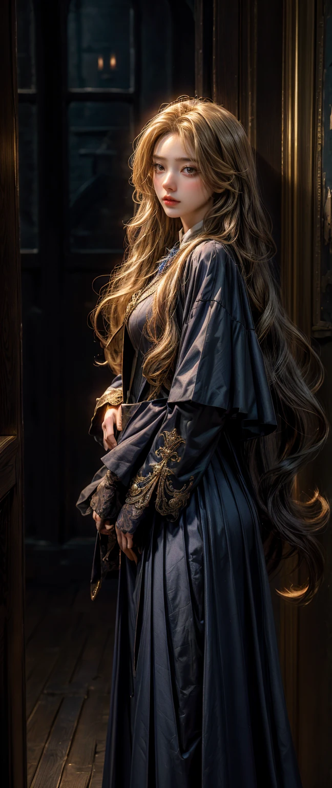 woman,long golden hair,blue witch school uniform, Highest quality, Highest picture quality, high resolution, realistic, 8K, Highly detailed,In a small dark medieval room, blue witch , long golden hair,golden hair