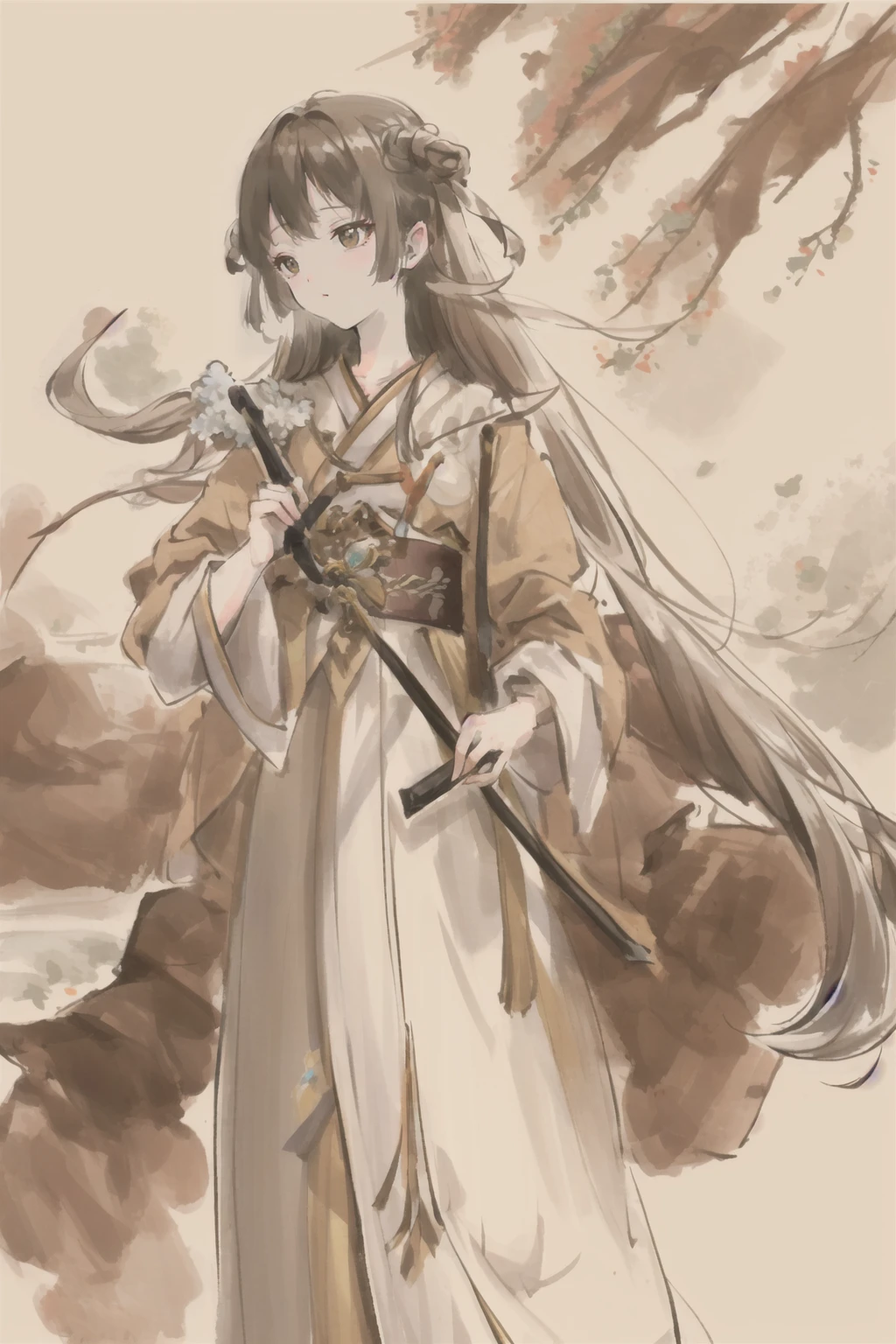 A simple old-fashioned background is drawn, It features a peaceful landscape with flowing rivers and towering mountains. The colors are muted and reminiscent of traditional ink paintings. A calm atmosphere fills the scene, Transporting viewers to a bygone era. Attention to detail is evident, With precise brushstrokes she captures the essence of nature. The simplicity of the background allows for a focal point, Lonely character, Stand outside. The figure is wearing elegant robes, Decorated with intricate patterns. Graceful posture, With crossed legs and an angry expression. This vintage style creates a sense of timelessness, Inviting viewers to immerse themselves in the beauty and tranquility of the past.