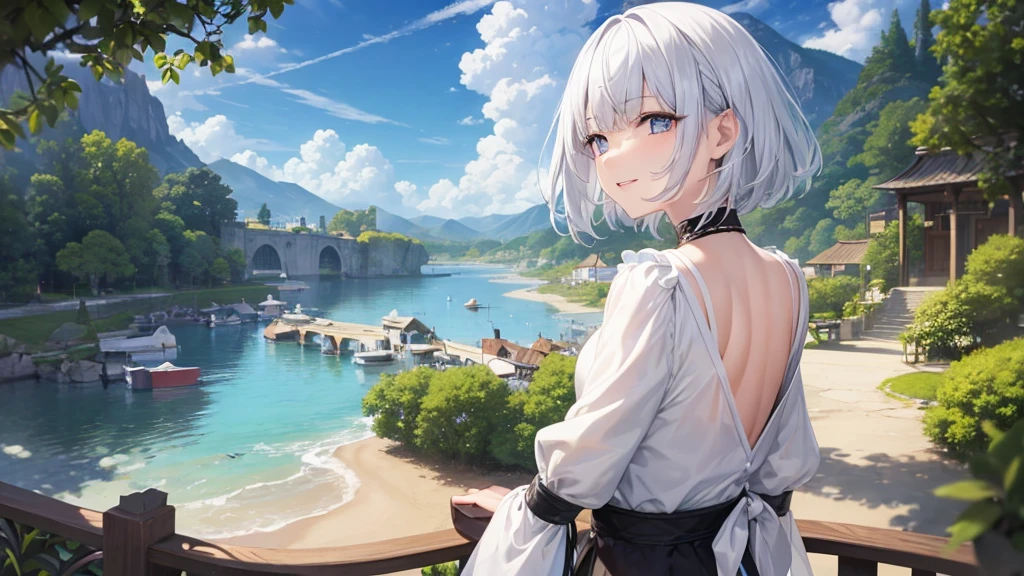 Ultra HD,Look at the viewers, Put your hands behind your back, With a girl, 20-year-old, 非常にShort Hair, Long bangs between the eyes, Pale blue eyes,  Very detailed,(masterpiece、Highest quality),Gray Hair、Laughter、Fantastic, Silver Hair, Iris,  Short hair、 Fluttering Hair、Small Face、明るいsmile、(Detailed face) ,Professional Lighting,Wonderful landscape,blue sky, sunlight,Looking down from above,Portraiture、Open your mouth、Flower Field、Her eyes were shining、Mysterious and enchanting atmosphere。With AI Painting、とてもShort Hair, Long bangs between the eyes, Very detailed,(masterpiece、Highest quality)、alone、Gray Hair、Fantasy, Silver Hair, Fantasyな風景、White shirt、smile、Open your mouth、short hair、Short Hair、hairpin、black eye、Grey Eyes、Beautiful Eyes、