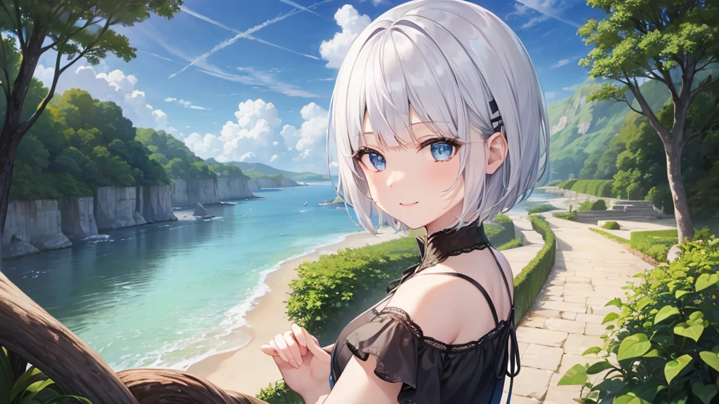Ultra HD,Look at the viewers, Put your hands behind your back, With a girl, 20-year-old, 非常にShort Hair, Long bangs between the eyes, Pale blue eyes, Very detailed,(masterpiece、Highest quality),Gray Hair、Laughter、Fantastic, Silver Hair, Iris, Short hair、 Fluttering Hair、Small Face、明るいsmile、(Detailed face) ,Professional Lighting,Wonderful landscape,blue sky, sunlight,Looking down from above,Portraiture、Open your mouth、Flower Field、Her eyes were shining、Mysterious and enchanting atmosphere。With AI Painting、とてもShort Hair, Long bangs between the eyes, Very detailed,(masterpiece、Highest quality)、alone、Gray Hair、Fantasy, Silver Hair, Fantasyな風景、White shirt、smile、Open your mouth、short hair、Short Hair、hairpin、black eye、Grey Eyes、Beautiful Eyes、