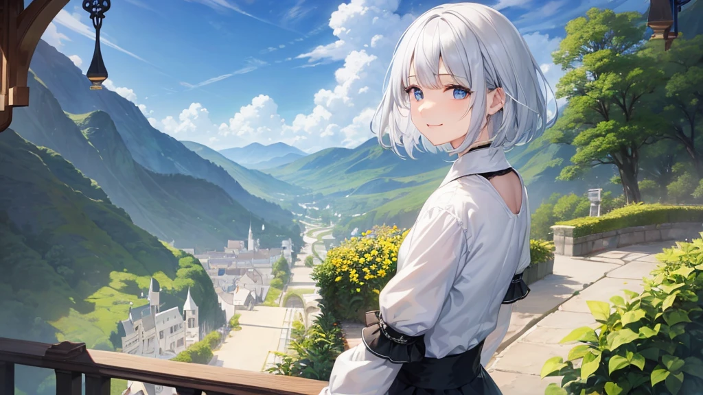 Ultra HD,Look at the viewers, Put your hands behind your back, With a girl, 20-year-old, 非常にShort Hair, Long bangs between the eyes, Pale blue eyes, Very detailed,(masterpiece、Highest quality),Gray Hair、Laughter、Fantastic, Silver Hair, Iris, Short hair、 Fluttering Hair、Small Face、明るいsmile、(Detailed face) ,Professional Lighting,Wonderful landscape,blue sky, sunlight,Looking down from above,Portraiture、Open your mouth、Flower Field、Her eyes were shining、Mysterious and enchanting atmosphere。With AI Painting、とてもShort Hair, Long bangs between the eyes, Very detailed,(masterpiece、Highest quality)、alone、Gray Hair、Fantasy, Silver Hair, Fantasyな風景、White shirt、smile、Open your mouth、short hair、Short Hair、hairpin、black eye、Grey Eyes、Beautiful Eyes、