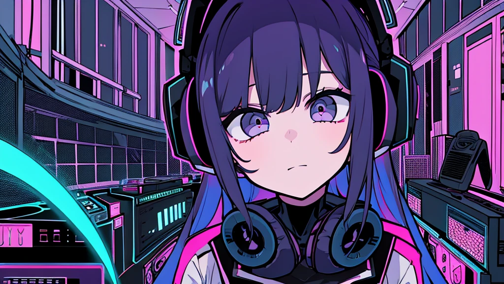 Best quality, (masterpiece), best detail face,1 girl, 18 yo, 8k,absurdres,unity 8k wall paper,(extremely detailed:1.3), highest realistic, (retro headphones:), (soft neon light:), (psychedelic), Her room full of music equipment and records, Light clothing, she is playing synth, See the whole room, She is leaving the room, dark purple color palette