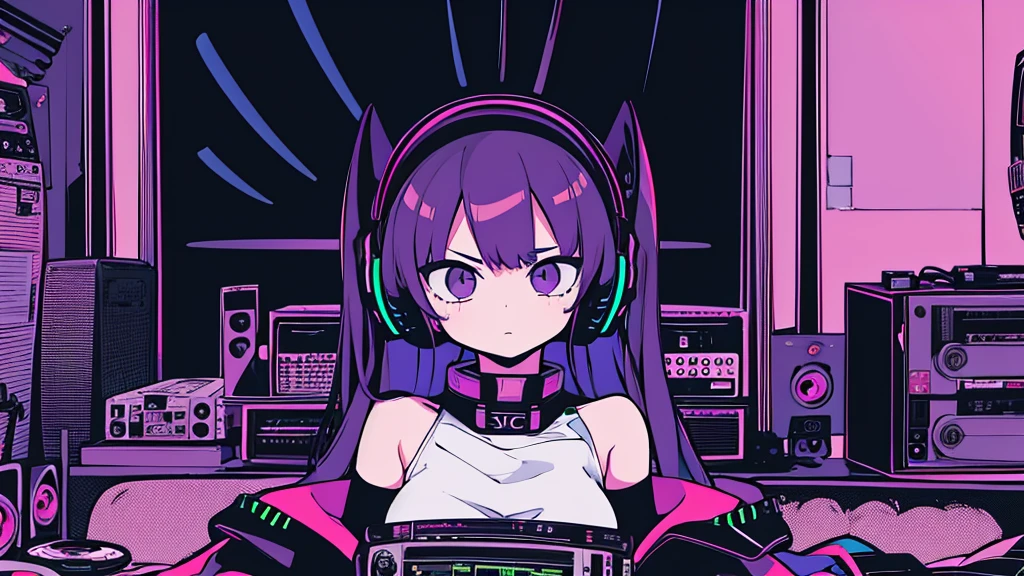 Best quality, (masterpiece), best detail face,1 girl, 18 yo, 8k,absurdres,unity 8k wall paper,(extremely detailed:1.3), highest realistic, (retro headphones:), (soft neon light:), (psychedelic), Her room full of music equipment and records, Light clothing, she is playing synth, See the whole room, She is leaving the room, dark purple color palette