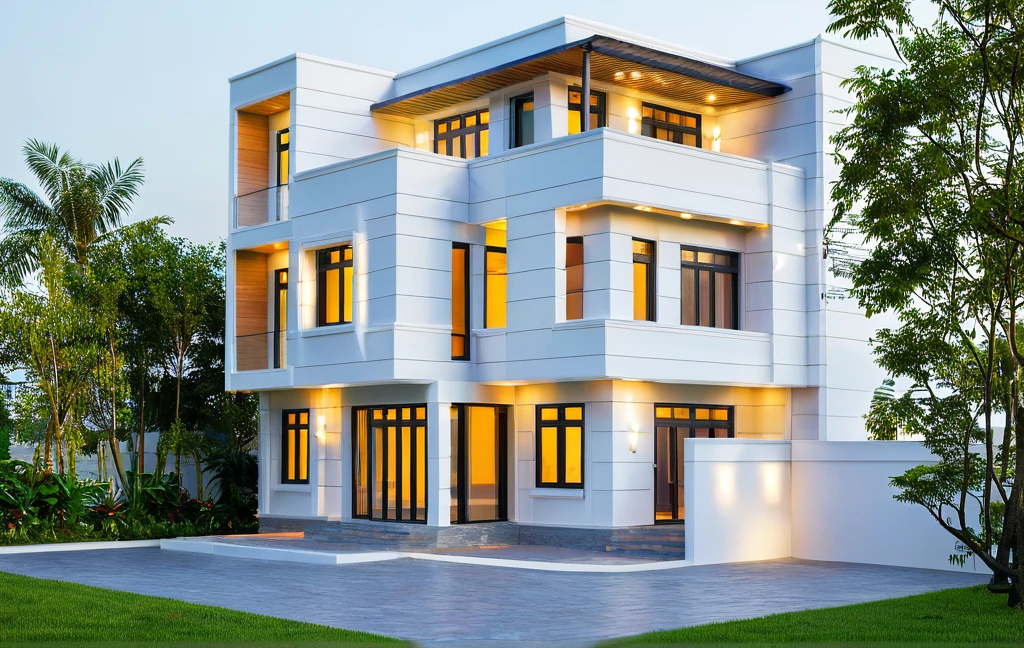 Raw photo,Masterpiece, high quality, best quality, authentic, super detail,
exterior, outdoors, house, Nhamainhat, aiaigroup on the tropical garden, minimalist line,onestoreyvilla, modern style, gray tile roof
brick yard,grass,tropical trees, sky, (day:1.1),Tropical garden background