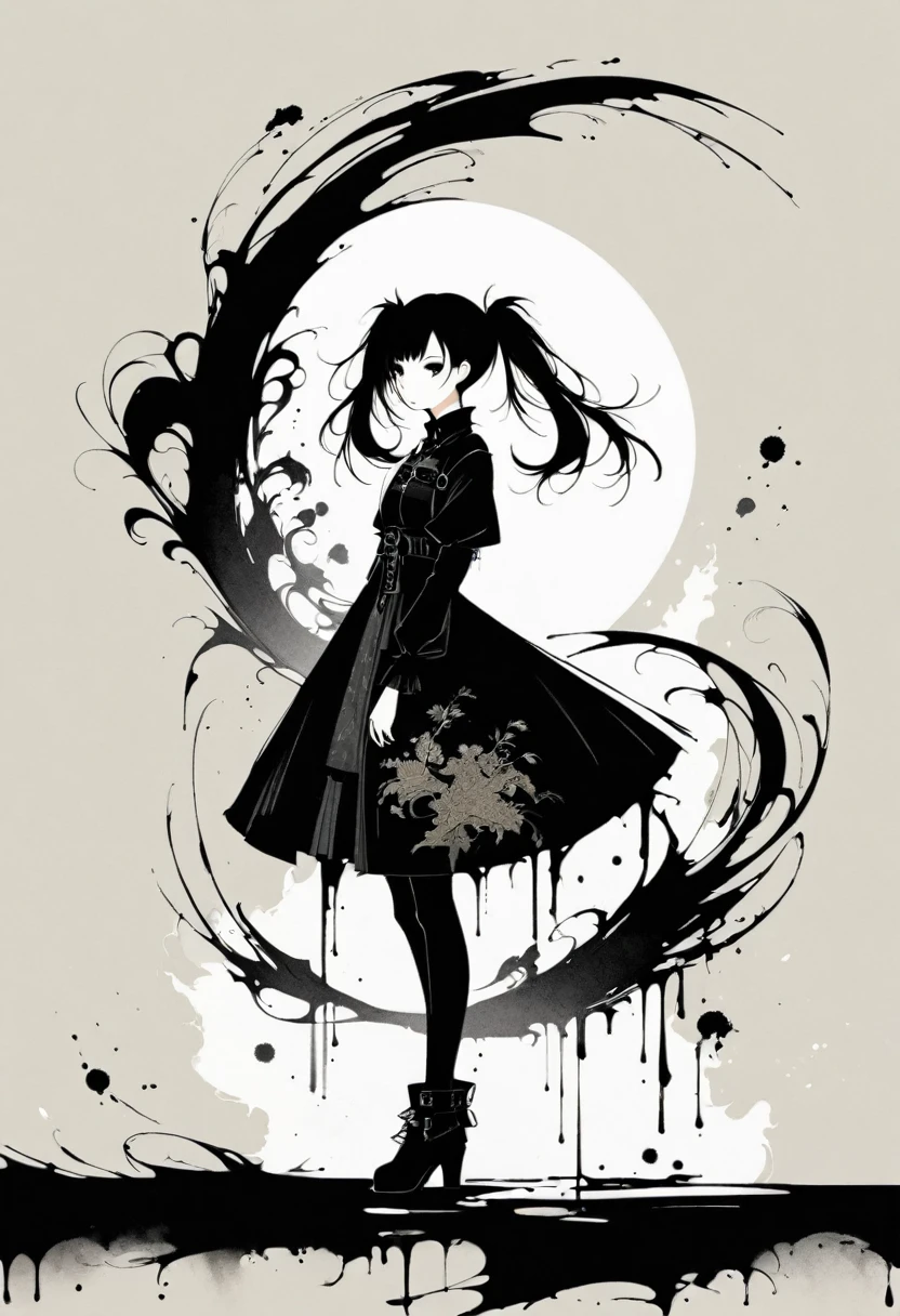 A girl with twin pigtails, gothic style, minimalism, linear style, vast negative space, ink painting, abstract