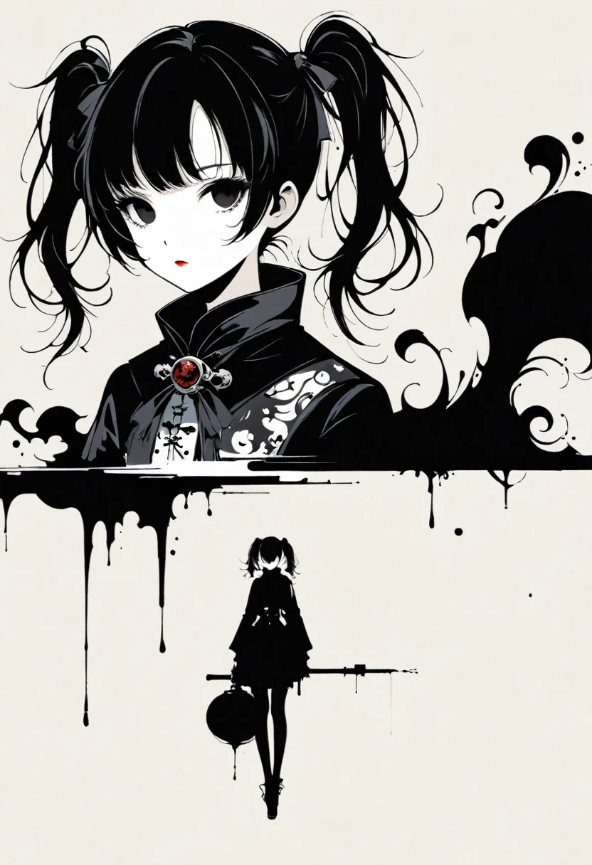 A girl with twin pigtails, gothic style, minimalism, linear style, vast negative space, ink painting, abstract
