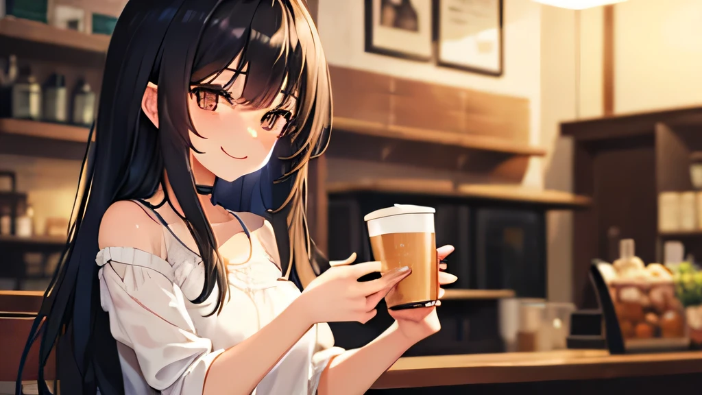Anime girl holding a cup of coffee and looking at her phone - SeaArt AI