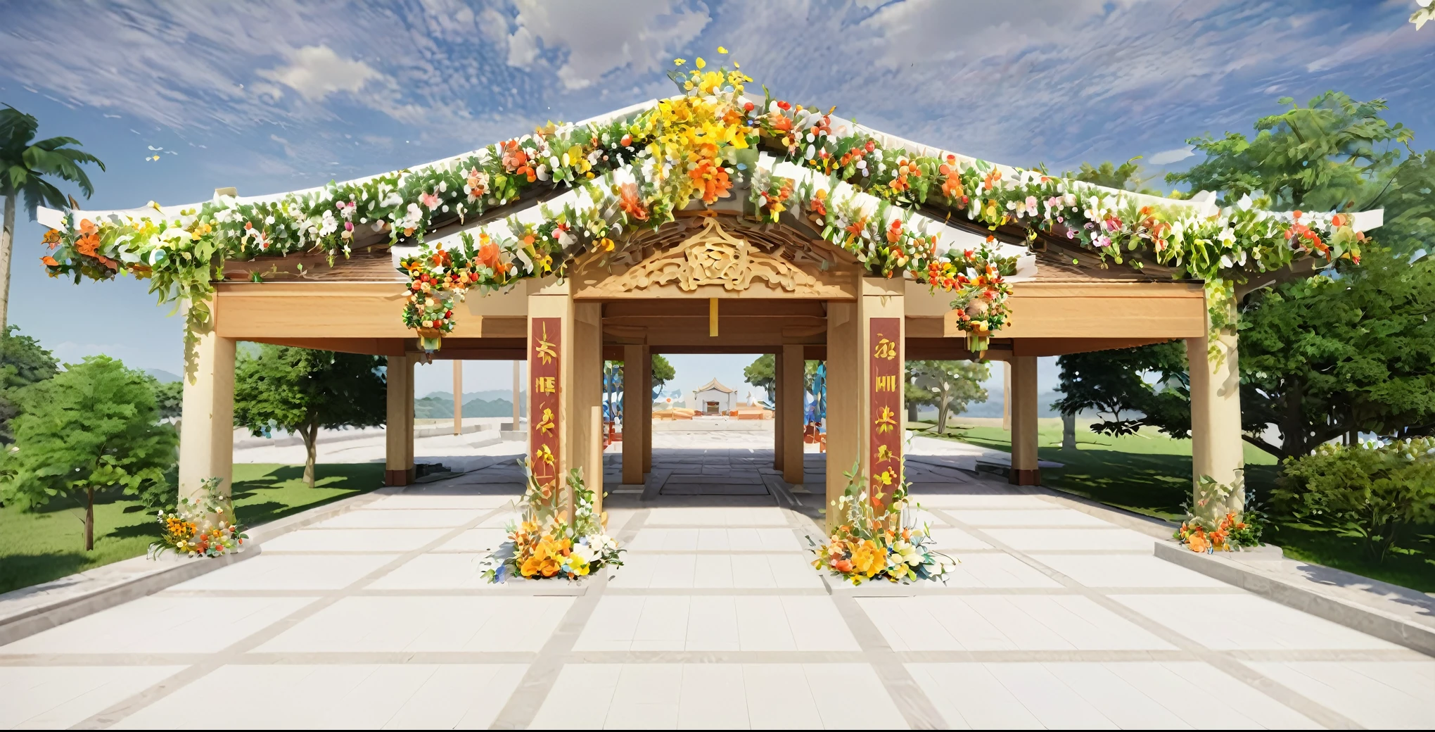 屋顶上有一个凉pavilion,Flowers and green plants are planted on it, Covered outdoor stage, 唐朝的美丽Rendering, detailed Rendering, 完全详细Rendering, wedding, Front perspective, Rendering, 3d Rendering, 3 d Rendering, 非常详细的Rendering, pavilion, 预Rendering, Dahua Temple, shrine, 在 lumion pro 中Rendering, a digital Rendering