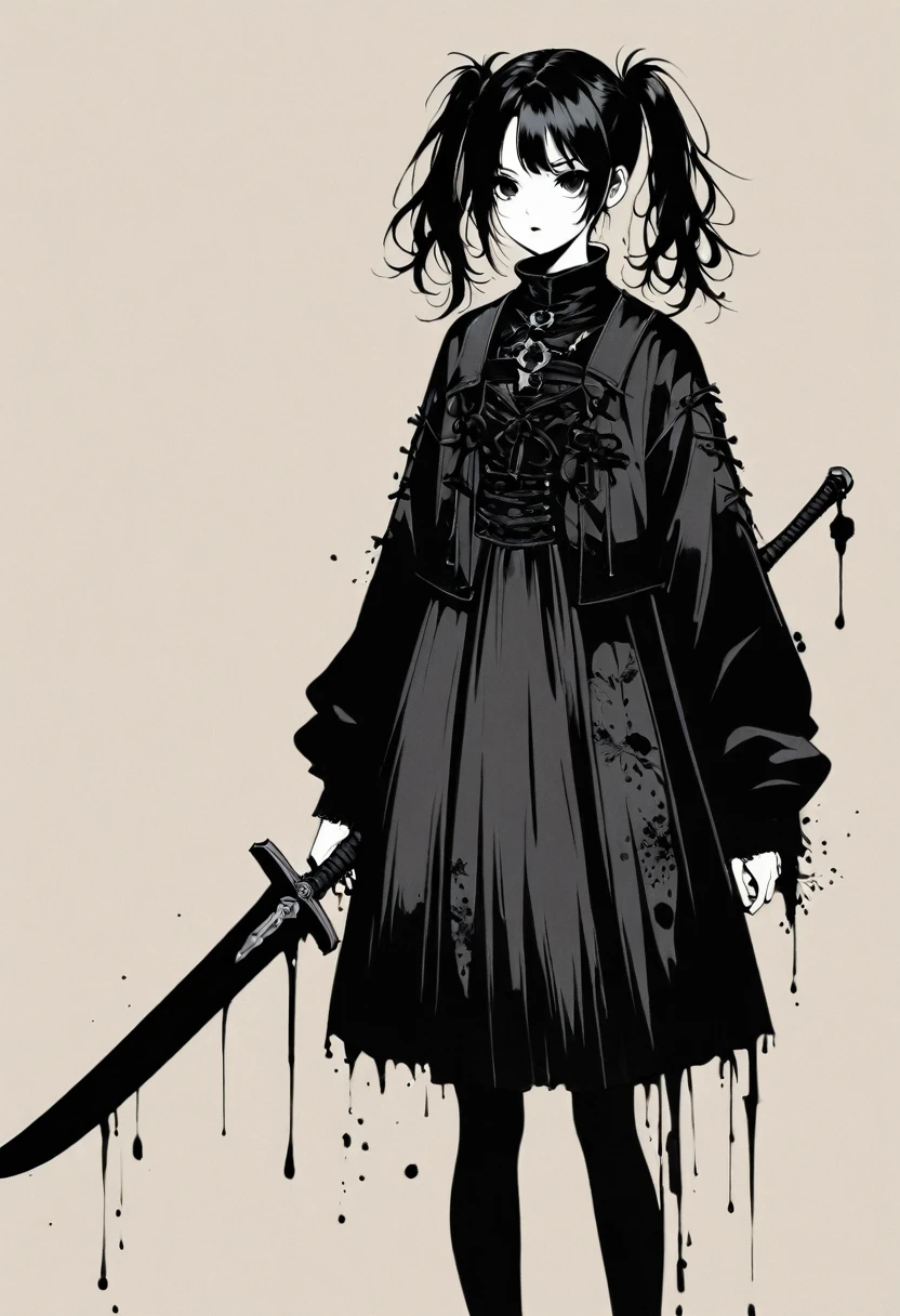 a girl with long twin pigtails, holding a sword, gothic style, minimalist, line art, vast negative space, ink painting, abstract