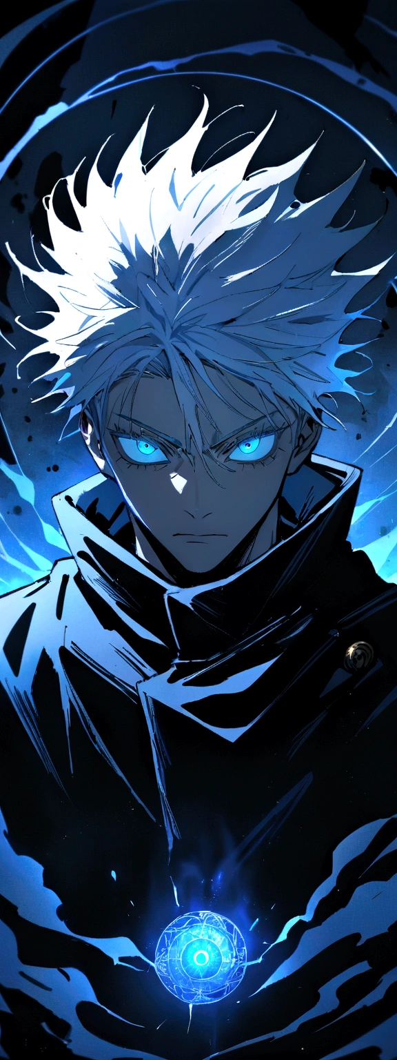 ((Masterpiece)), ((magic)),((ultra detail)), 1boy, gojo satoru, white hair, Jujutsu kaisen, magic blue circle, blue lighting, handsone, blood splatter, messy hair, blue eyes, serious face, looking at viewers, dark background, powerfull, magical view