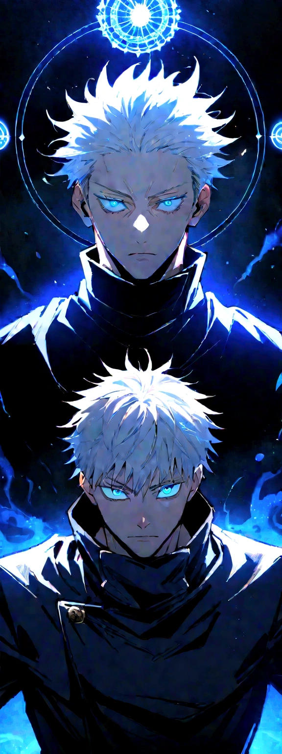 ((Masterpiece)), ((magic)),((ultra detail)), 1boy, gojo satoru, white hair, Jujutsu kaisen, magic blue circle, blue lighting, handsone, blood splatter, messy hair, blue eyes, serious face, looking at viewers, dark background, powerfull, magical view