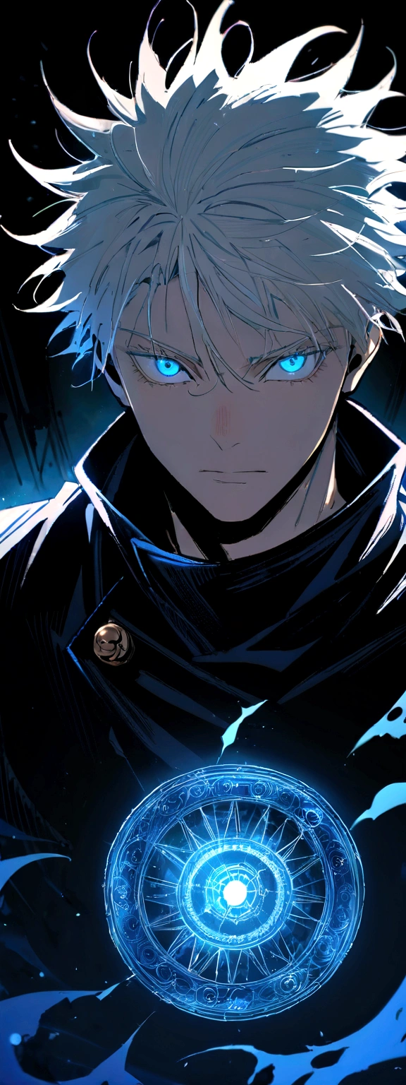 ((Masterpiece)), ((magic)),((ultra detail)), 1boy, gojo satoru, white hair, Jujutsu kaisen, magic blue circle, blue lighting, handsone, blood splatter, messy hair, blue eyes, serious face, looking at viewers, dark background, powerfull, magical view