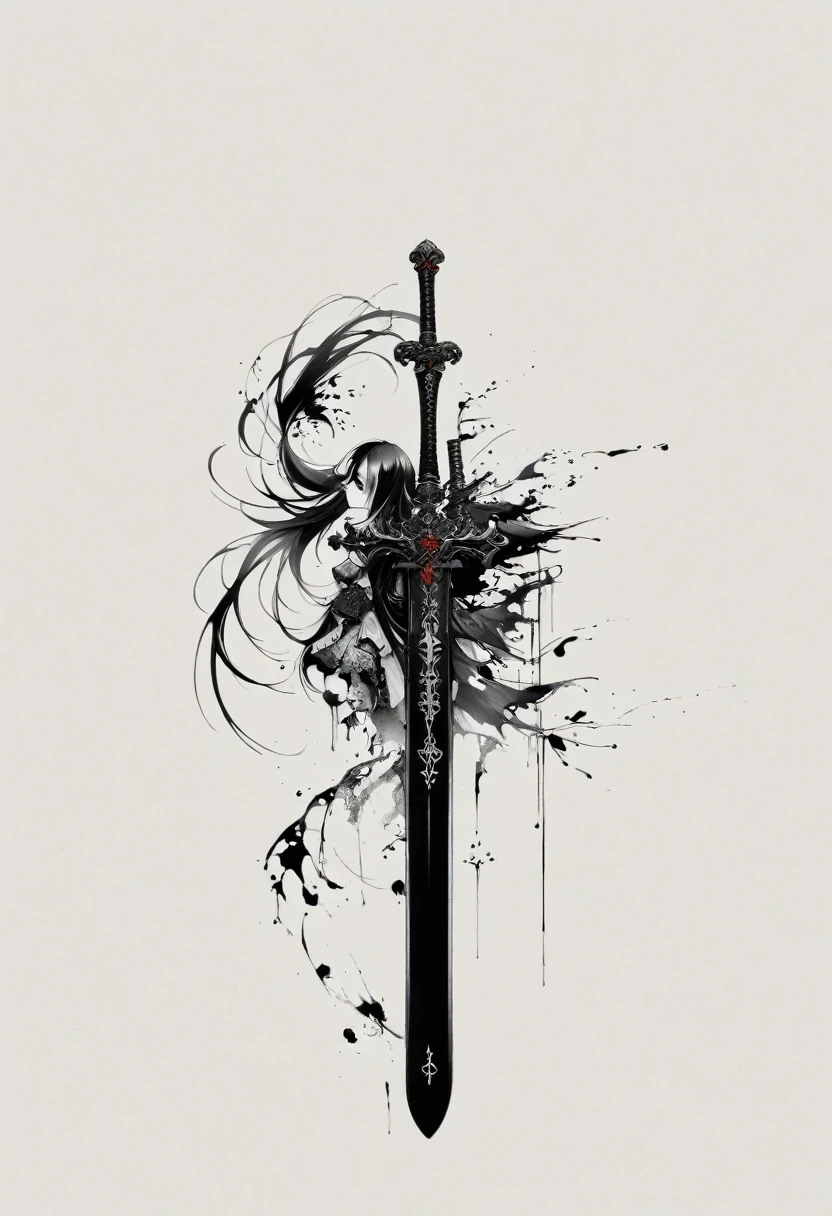 Double ponytail long hair，Sword，Gothic，Minimalism，Lineism，Lots of white space，Ink Painting，abstract,