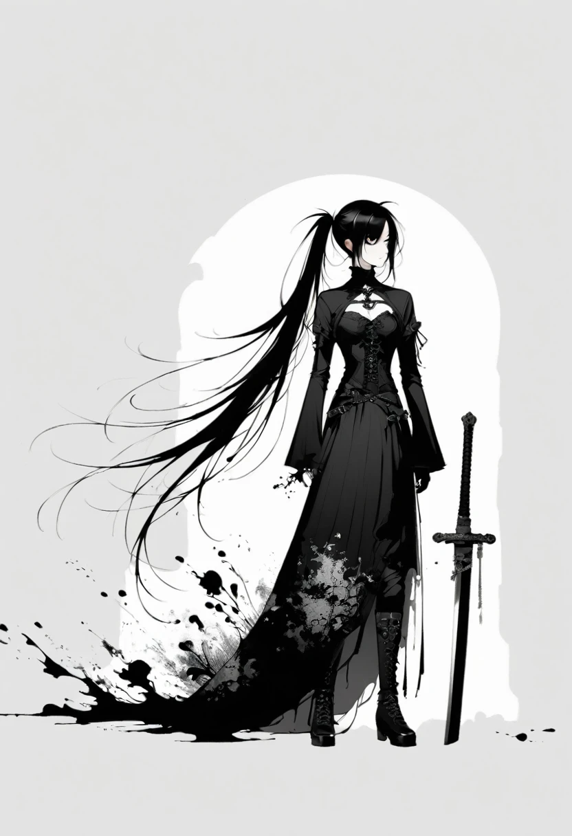 Double ponytail long hair,Sword,Gothic,Minimalism,Lineism,Lots of white space,Ink Painting,abstract,