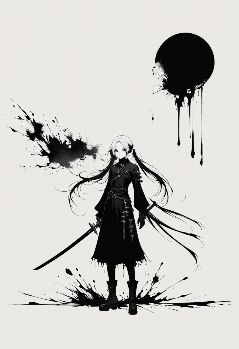 Double ponytail long hair,Sword,Gothic,Minimalism,Lineism,Lots of white space,Ink Painting,abstract,