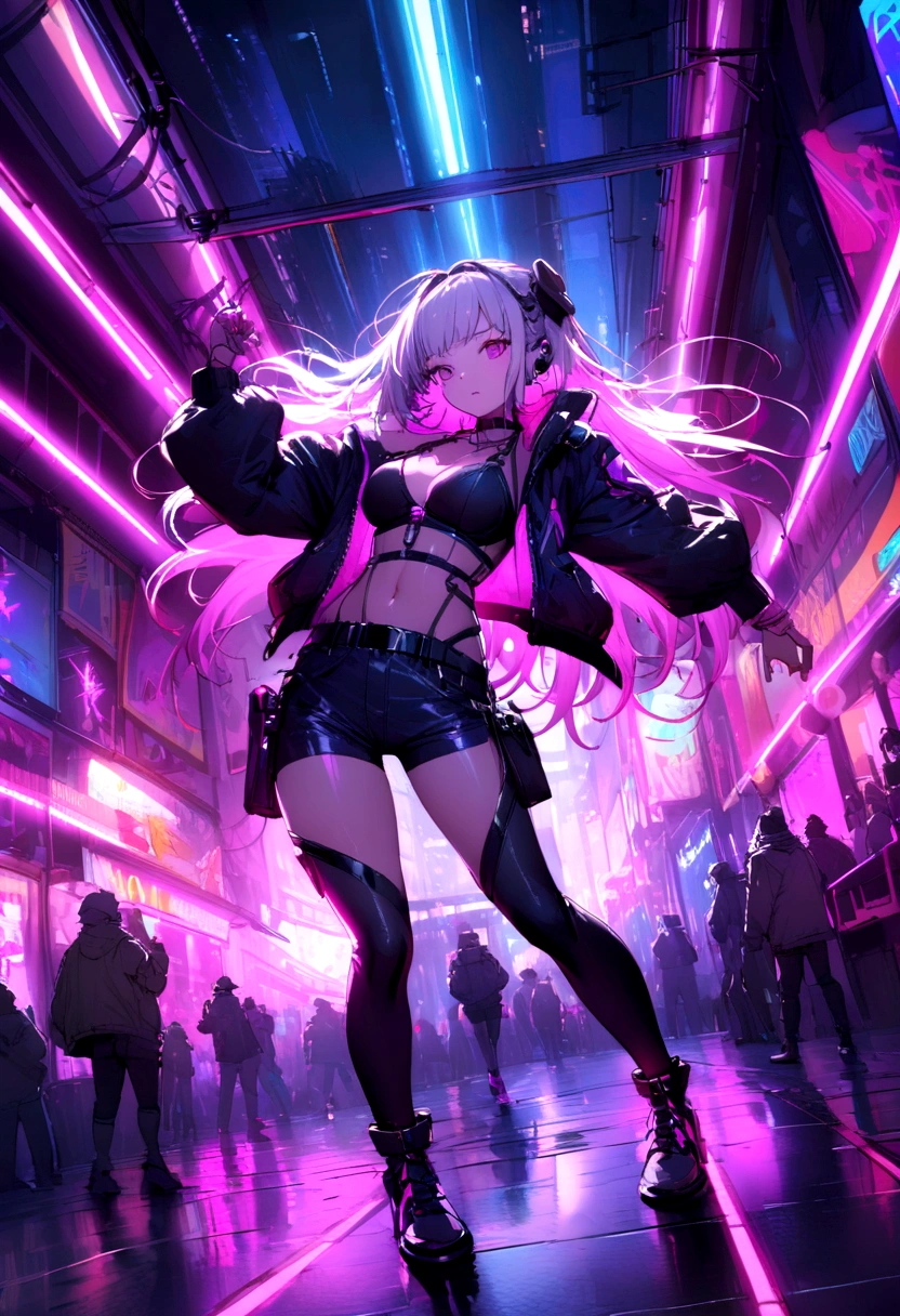 "Vibrant cyberpunk dance club with immersive pink-purple neon lights, intense atmosphere , action-packed, lots of lights, and