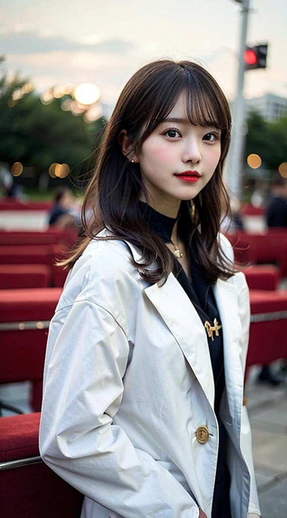 Woman in her 20s, with sunset, loose coat collar sailor uniform, Summer evening、cinematic outfit photo、Cute clothes、Low exposure、Facing the audience