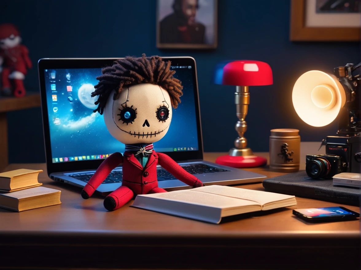 (knitted toy voodoo doll:1.8), (Voodoo Pavel Durov:1.3), (Clothing: stylish casual outfit with minimalist design, fitted jeans:1.0), (Accessories: miniature smartphone with Telegram logo, tiny laptop, small stack of tech books:1.2), (background: sleek modern office with glowing computer screens and tech gadgets, ethereal blue light illuminating the scene:1.2), best quality, masterpiece, detailed soft oil painting, detailed background, dramatic cinematic lighting, soft edge lighting, professional, dramatic lighting, hard edge lighting, ultra quality, 4k,masterpiece, best quality, 8k, ultra highres, highres, extremely detailed