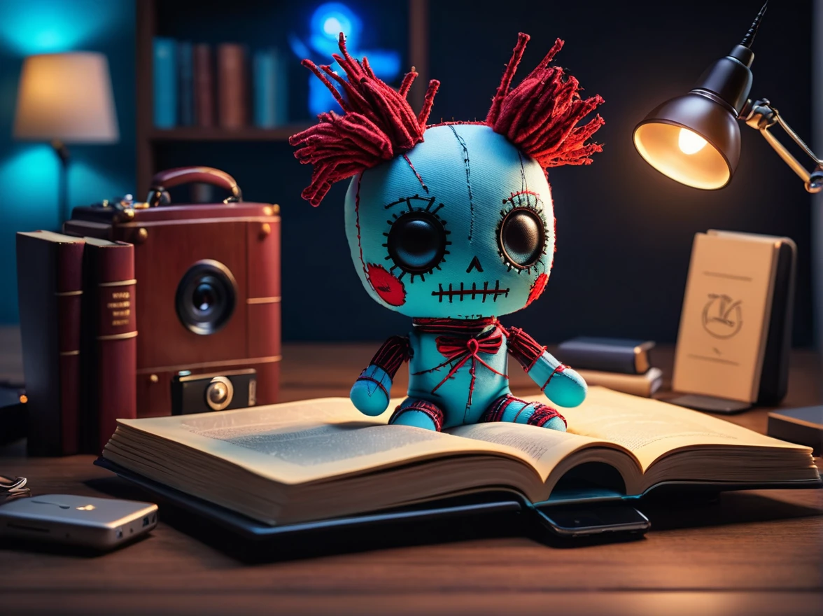 (knitted toy voodoo doll:1.8), (Voodoo Pavel Durov:1.3), (Clothing: stylish casual outfit with minimalist design, fitted jeans:1.0), (Accessories: miniature smartphone with Telegram logo, tiny laptop, small stack of tech books:1.2), (background: sleek modern office with glowing computer screens and tech gadgets, ethereal blue light illuminating the scene:1.2), best quality, masterpiece, detailed soft oil painting, detailed background, dramatic cinematic lighting, soft edge lighting, professional, dramatic lighting, hard edge lighting, ultra quality, 4k,masterpiece, best quality, 8k, ultra highres, highres, extremely detailed