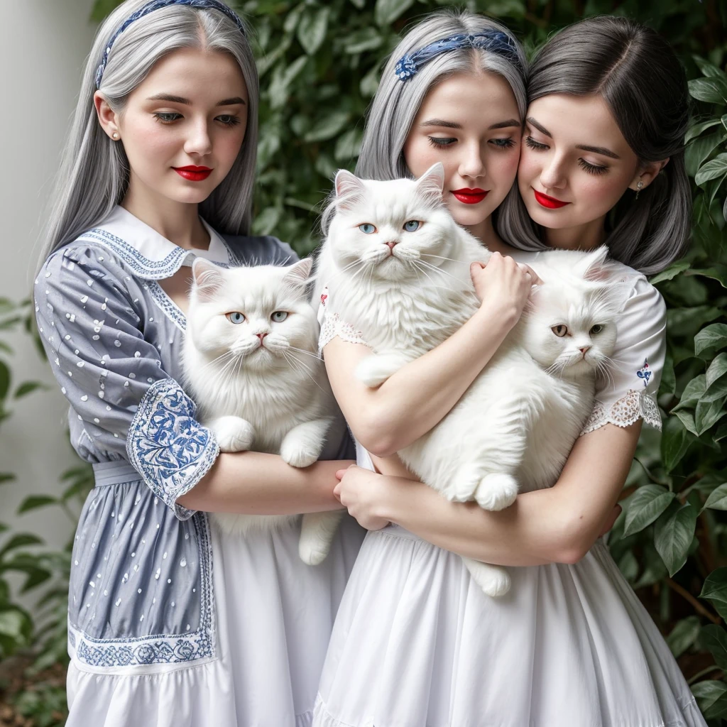 A gray-haired girl with very white skin and very red lips, wearing a white dress with blue embroidery, who is hugging a white Persian cat with black spots.