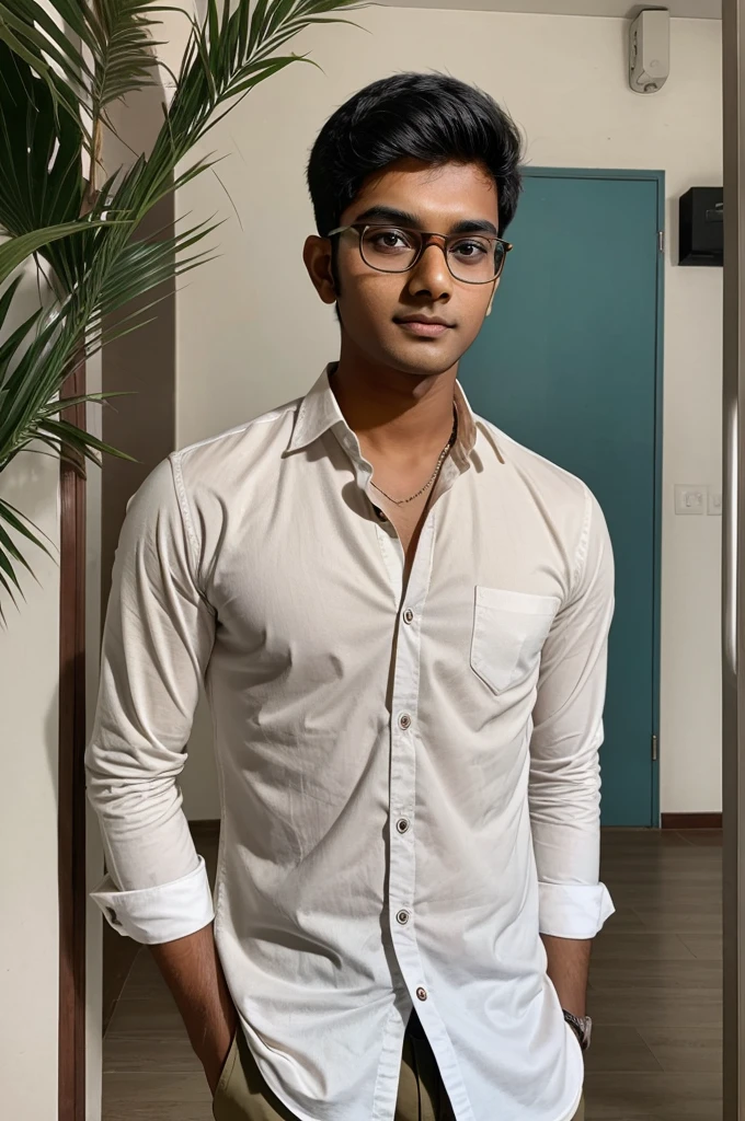  21 year old indian boy With fair skin Wearing spectacles and narrow body Posing for a linkedin picture in formats