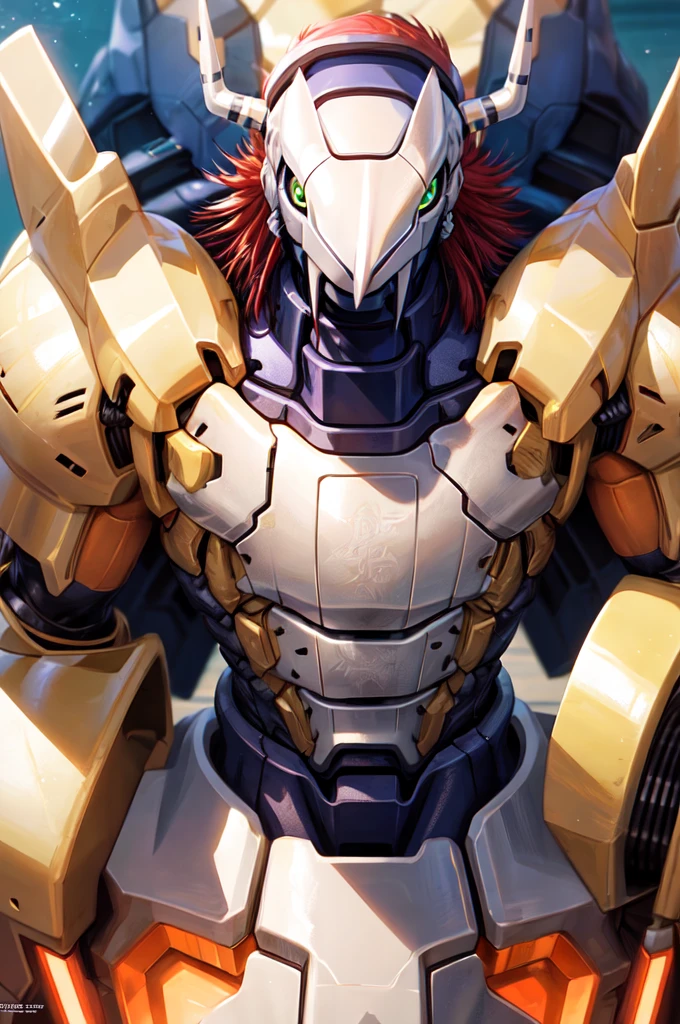 Masterpieces,official art,anthro,male,(wargreymon:1.2),Delicate face,Delicate eyes,helmet, armor, horn, digimon, upper body, depth of field, perfect lighting, light particles,(best quality),(masterpiece),(ultra detailed),sharp focus,light particles 